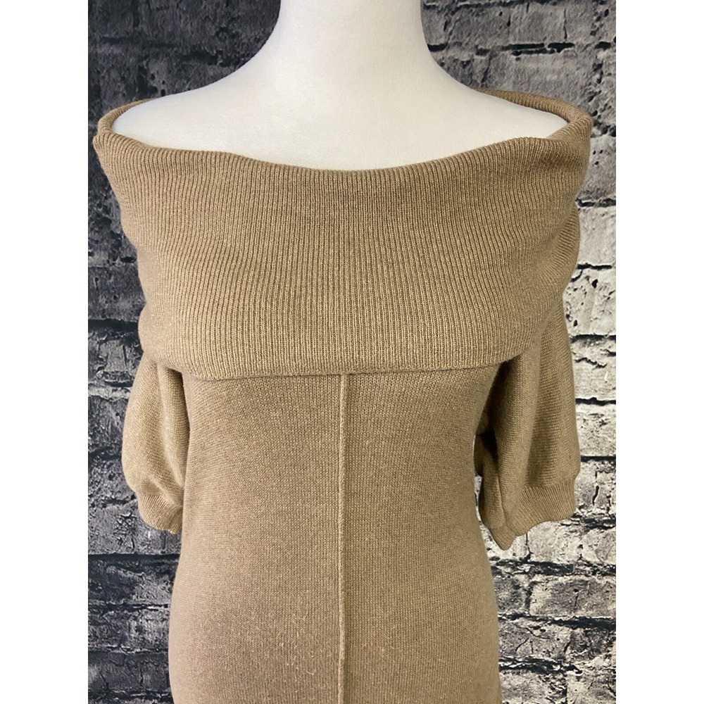 Banana Republic Dress Womens Medium Tan Off Shoulder Knit Sweater Dress Puff Sle - Picture 3 of 12